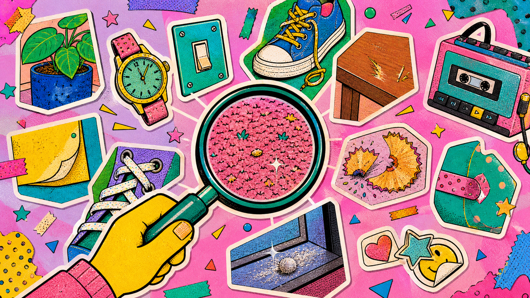 Retro illustrated room details seen through a magnifying glass