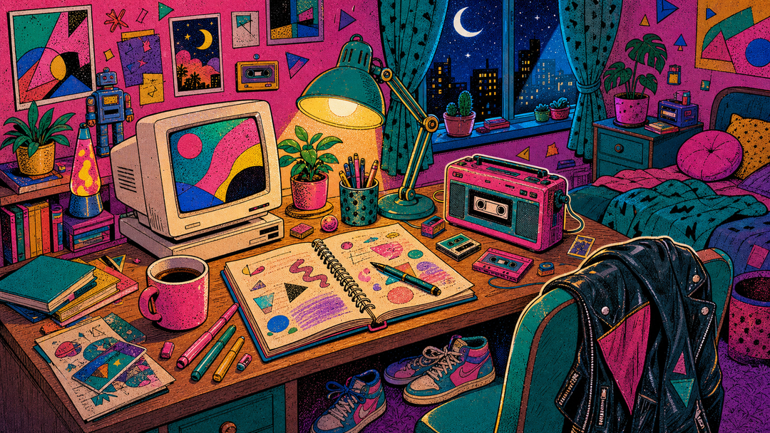 Retro nighttime desk with notebooks, lamp light, and creative clutter