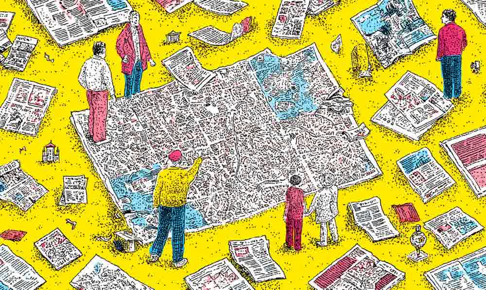 Colorful Sunday newspaper inserts spread across a kitchen table with scissors, coffee, and retro fashion details