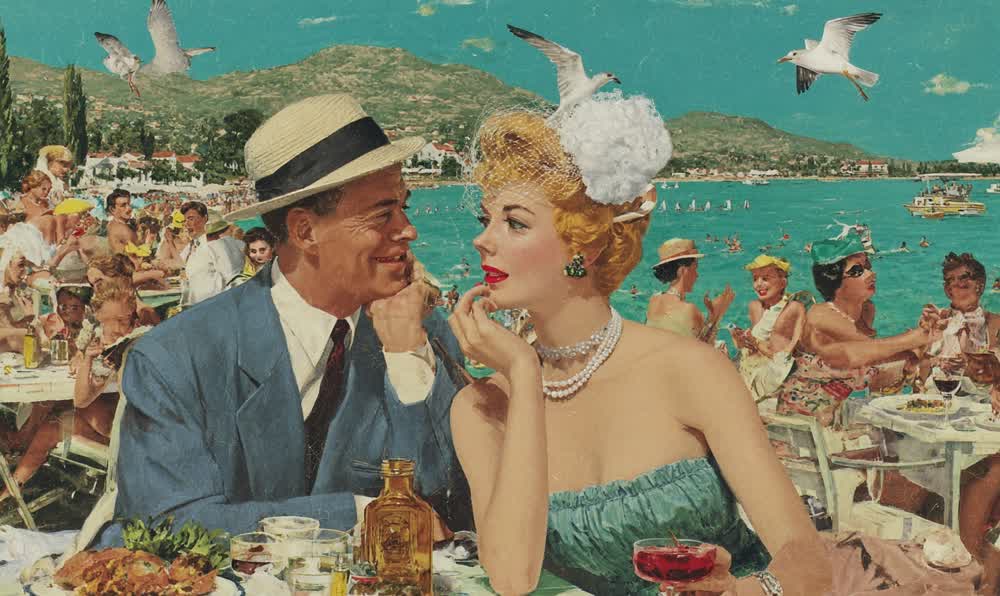 A stylish vintage travel ad inspired scene with bold colors, retro luggage, sunglasses, leather jacket, and a dreamlike destination