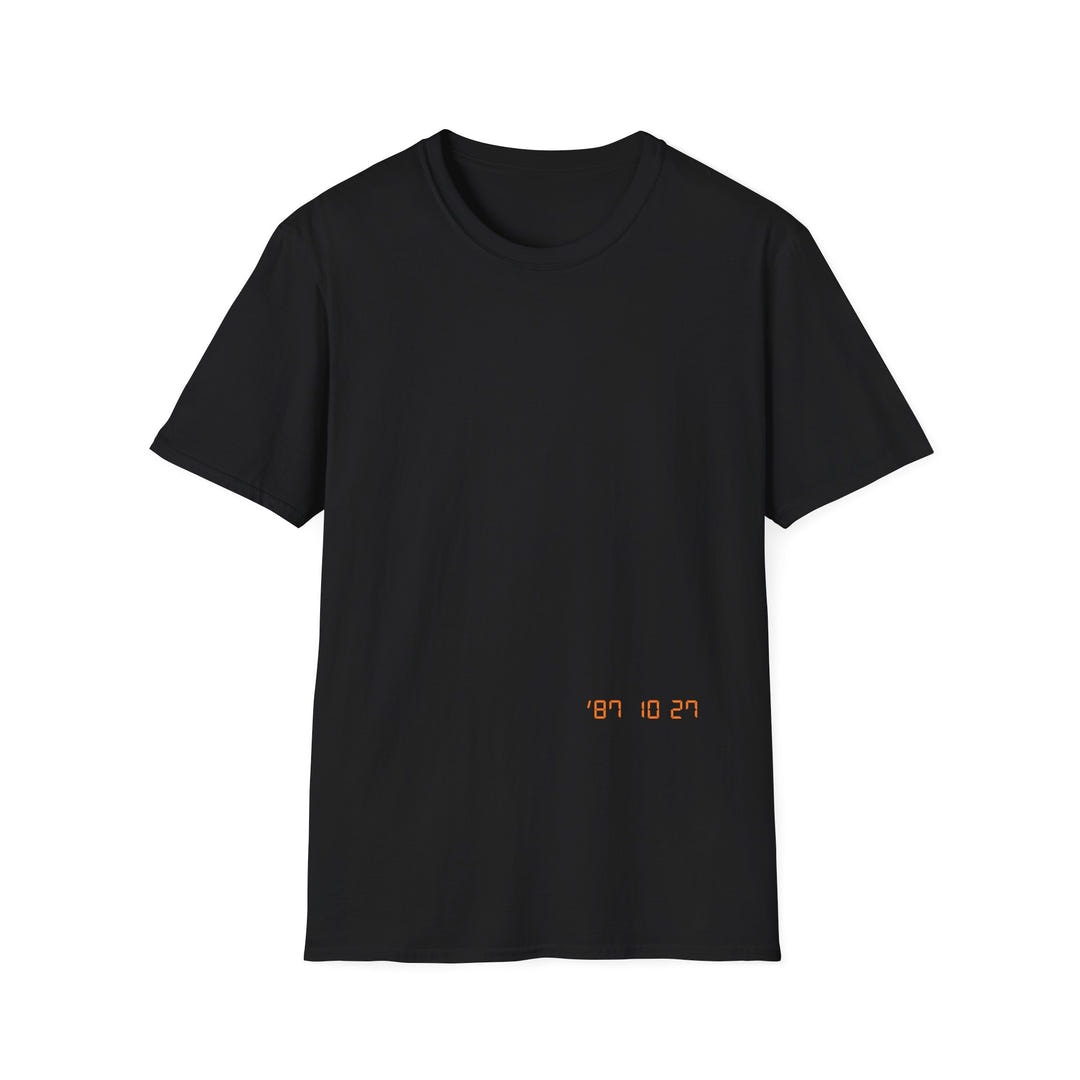 Date Stamp Tee 1987 front, black tee with an orange date stamp