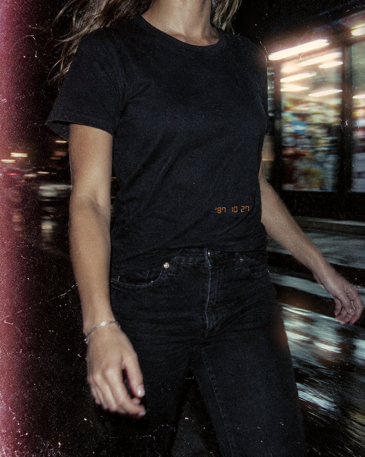 Date Stamp Tee 1987 outside a late night store