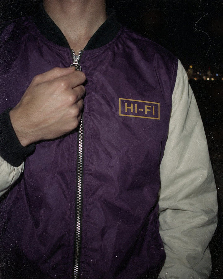 Close up of the gold HI-FI box on the Plum Night Bomber 1984
