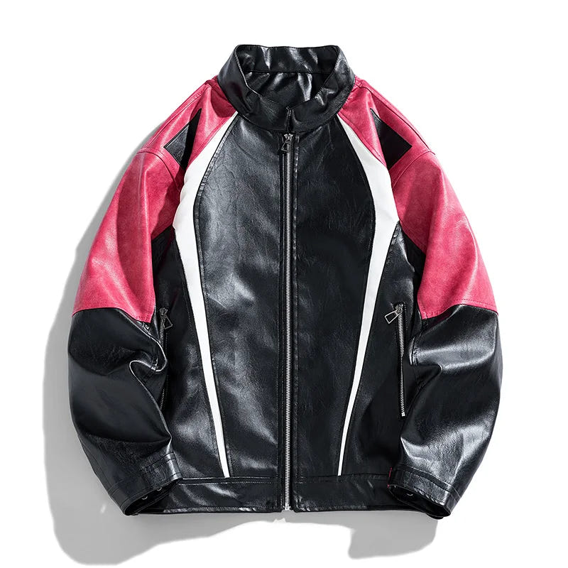 Pink Racer Jacket 1985 front, black faux leather with pink shoulders
