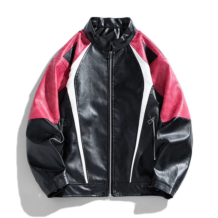 Pink Racer Jacket 1985 front, black faux leather with pink shoulders
