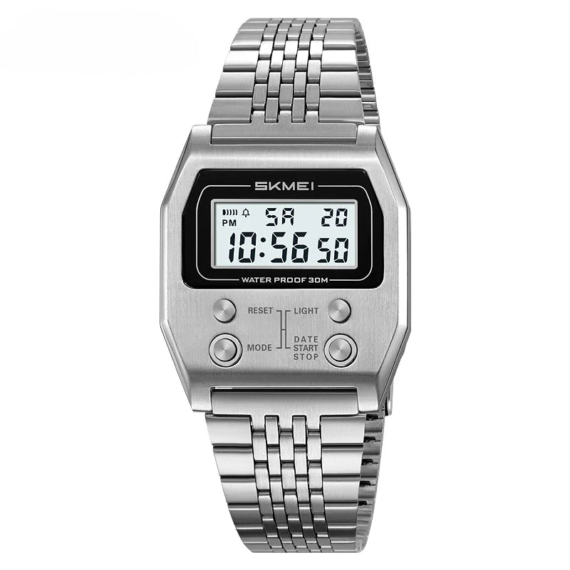 Silver digital watch with metal strap on a white background, featuring the Skmei brand.
