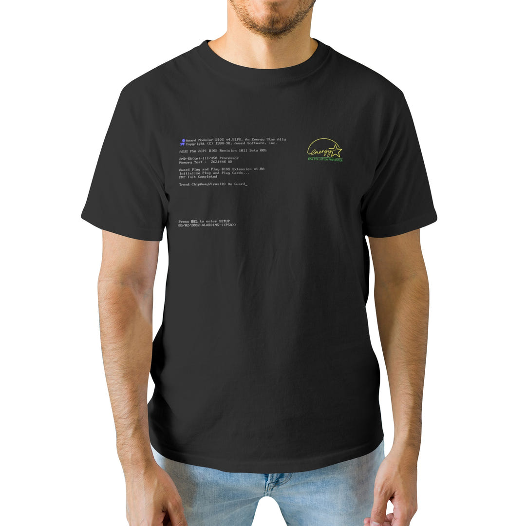 BIOS T-Shirt, Black tee with BIOS boot screen print, view 5