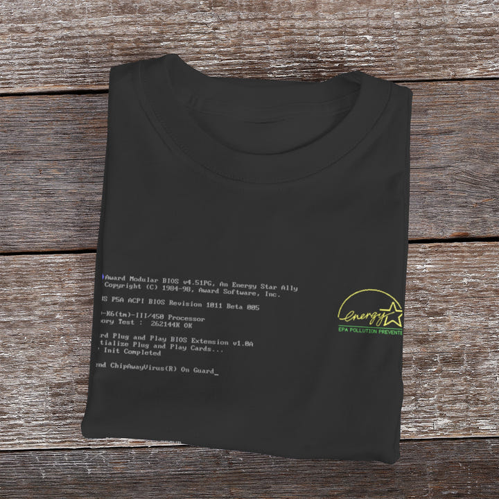 BIOS T-Shirt, Black tee with BIOS boot screen print, view 6