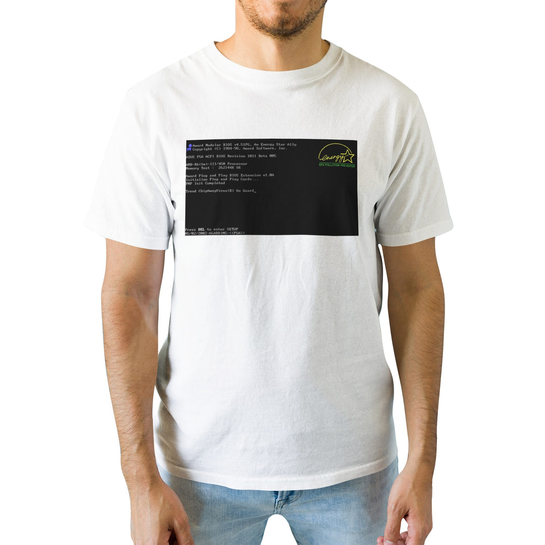 BIOS T-Shirt, Black tee with BIOS boot screen print, view 13