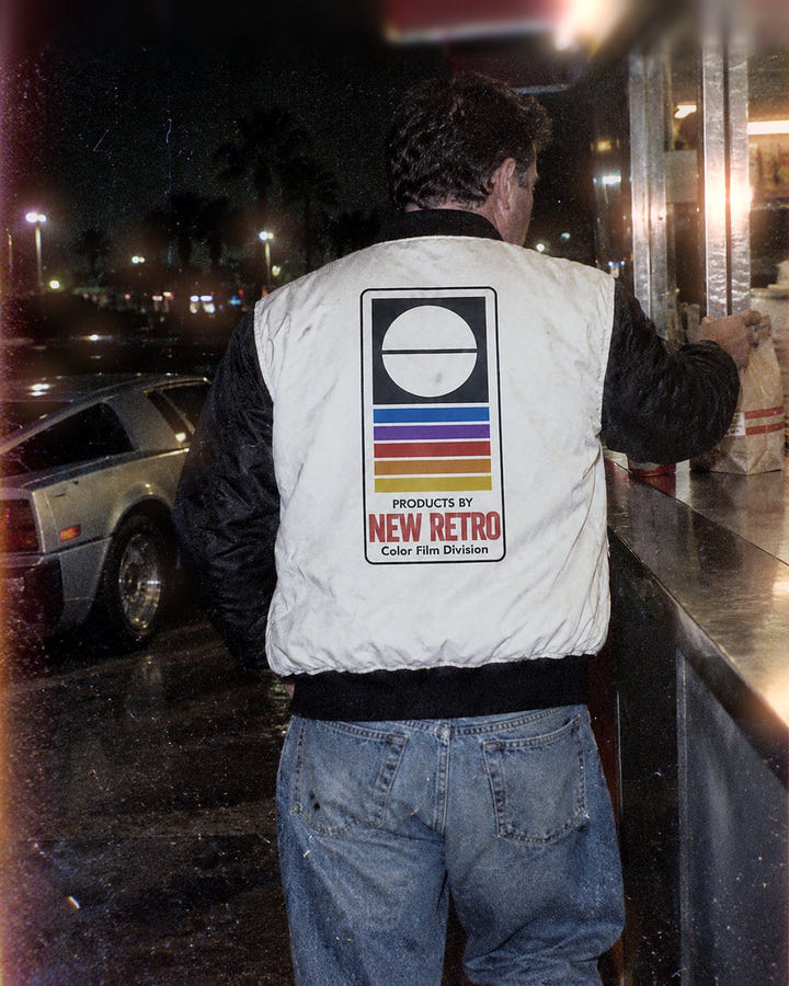 Color Film Bomber 1983 at a takeout counter at night