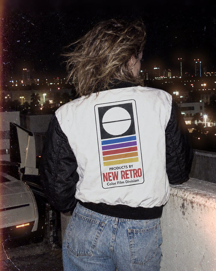 Color Film Bomber 1983 on a rooftop over the city lights