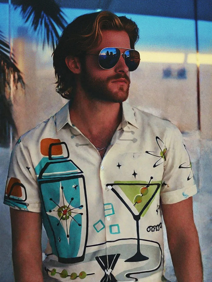 Ocean Wave Shirt, Retro wave print short sleeve shirt, view 2
