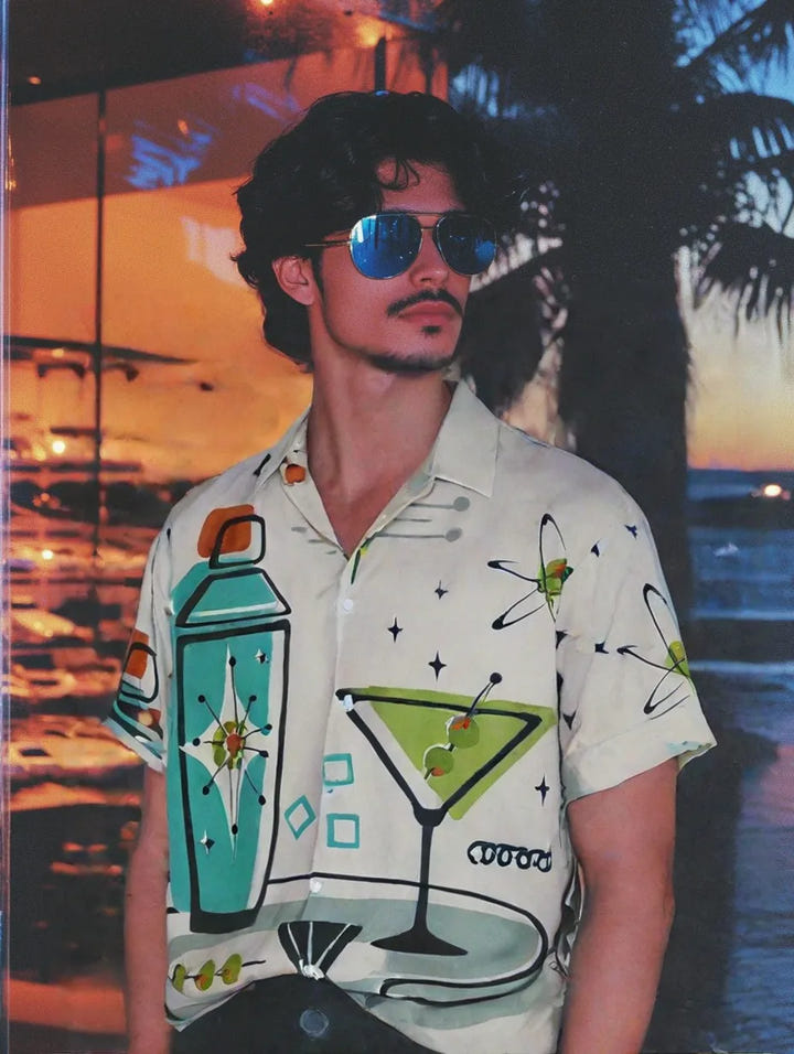 Ocean Wave Shirt, Retro wave print short sleeve shirt, view 4