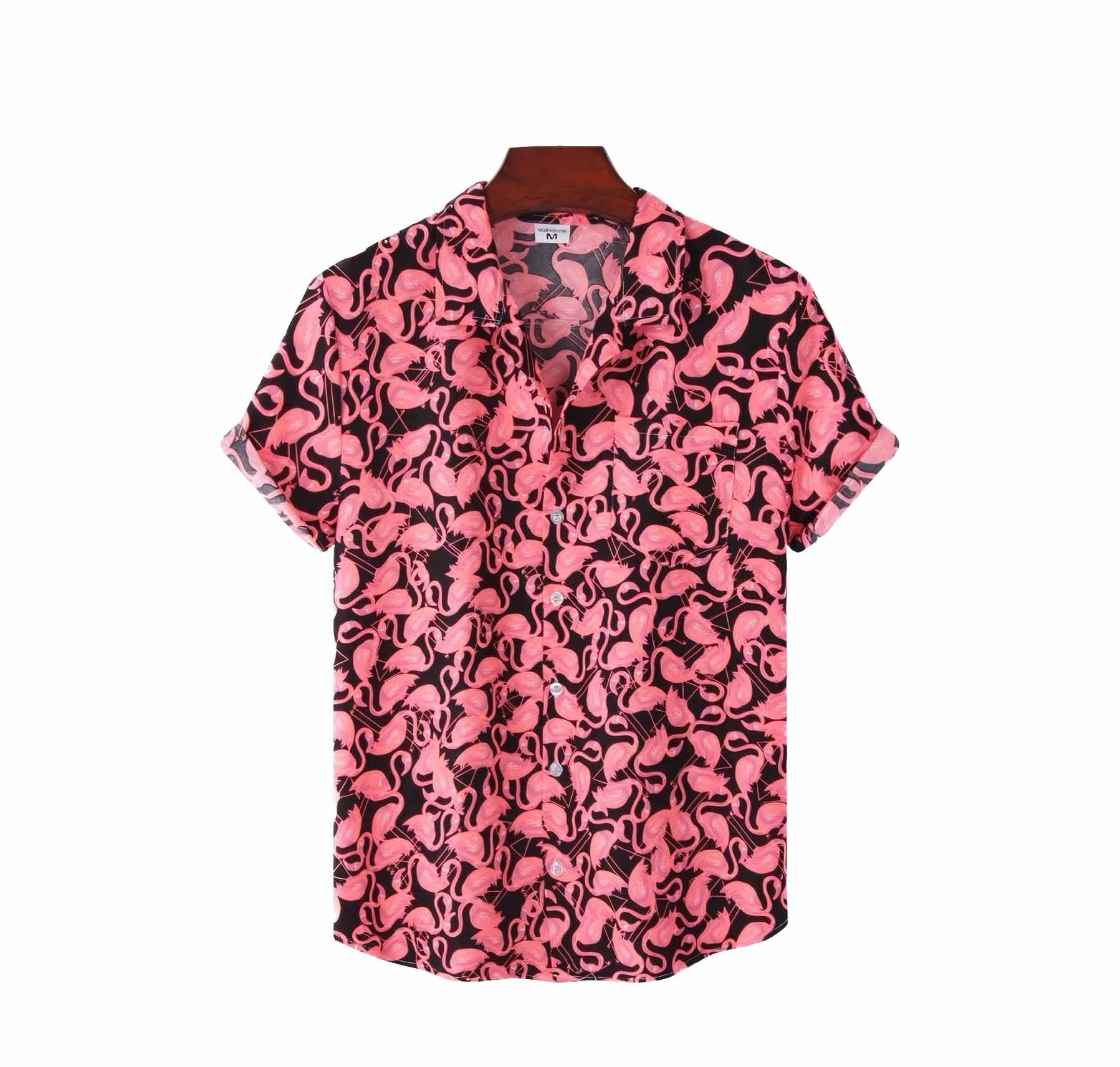 pink flamingo dress shirt Pink Flamingo Men Button Up Shirt, Tropical Short Sleeve Print Casual Buttoned Down Summer Guys Collared Dress Shirt 3XL
