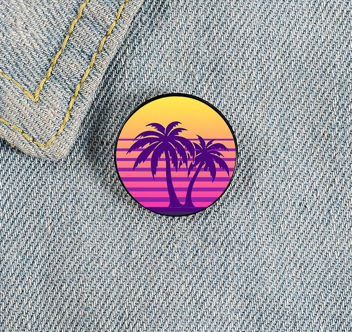 Synthwave Sun Palm Trees Pin - Newretro.Net