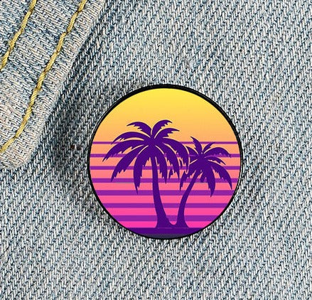 Synthwave Sun Palm Trees Pin - Newretro.Net