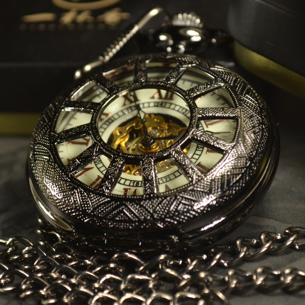 Black Skeleton Automatic Mechanical Pocket Watch - New Retro Streetwear Newretro.Net